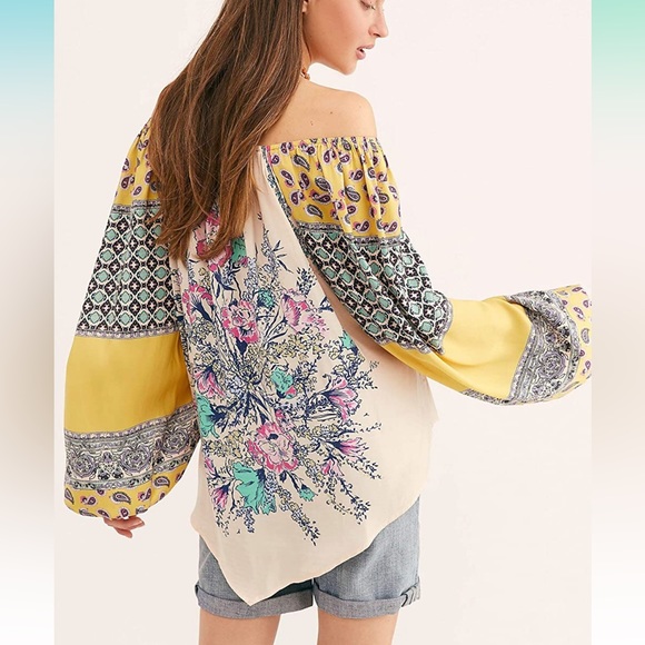 Free People Positano Printed Blouse in Yellow Sz M - Picture 2 of 9
